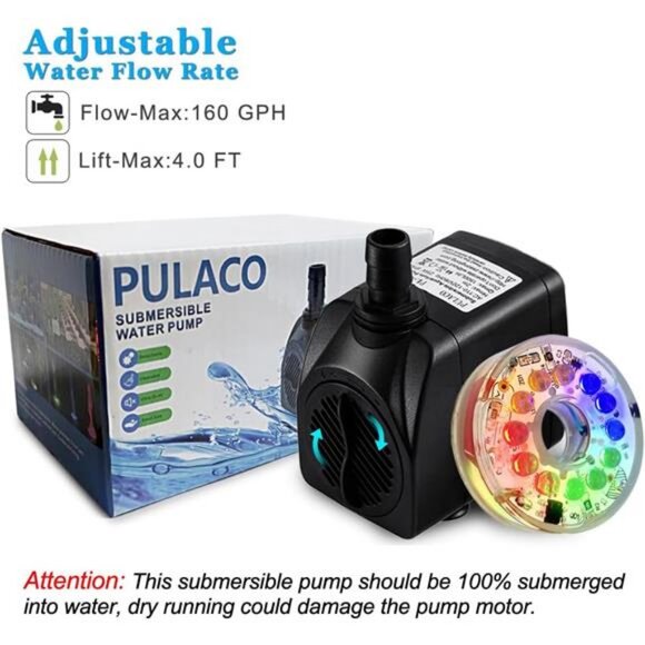 10Watt 160GPH Submersible Fountain Pump with Automatic Color Changing LED Light - Picture 2 of 7